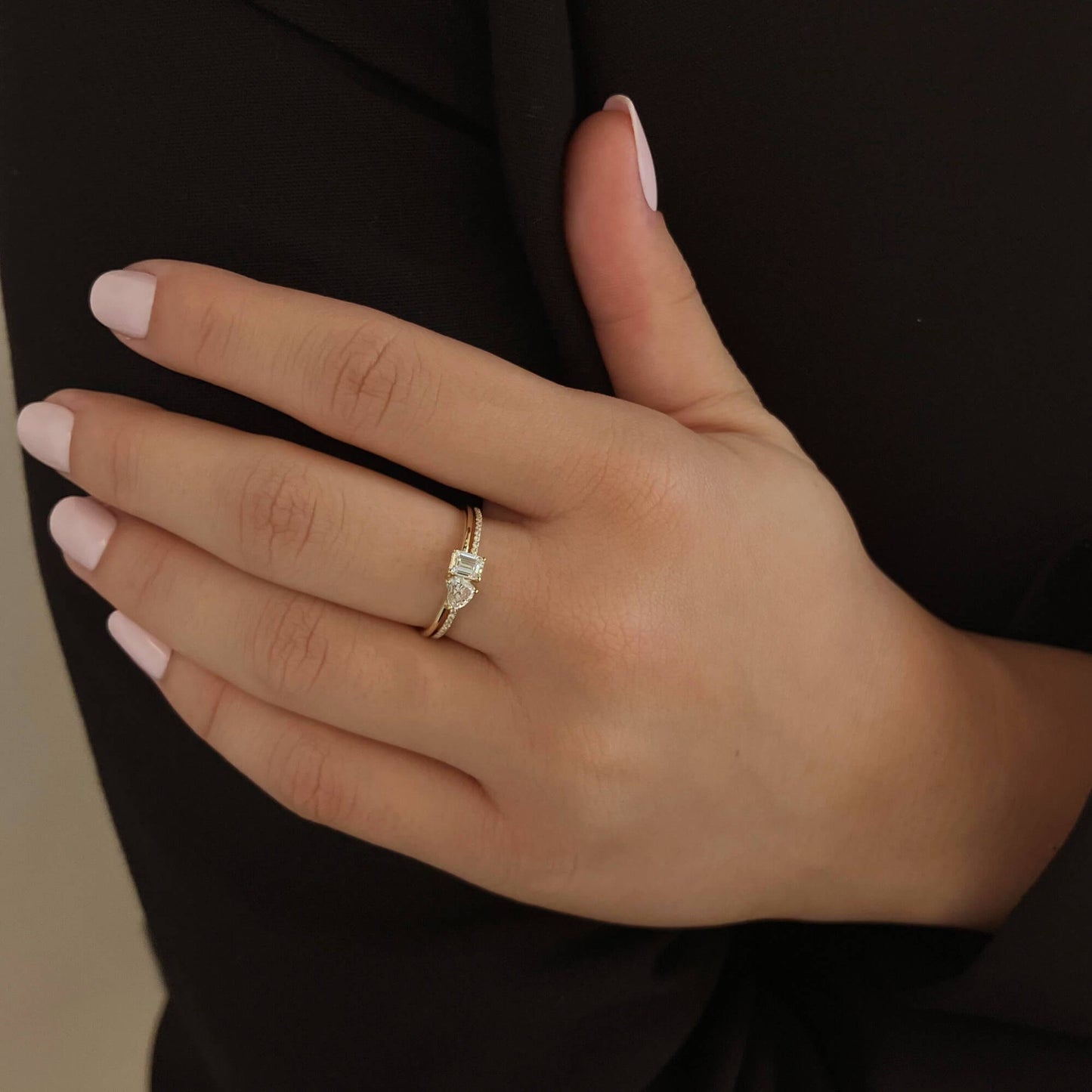 Two Diamond Double Band Pave and Gold Ring